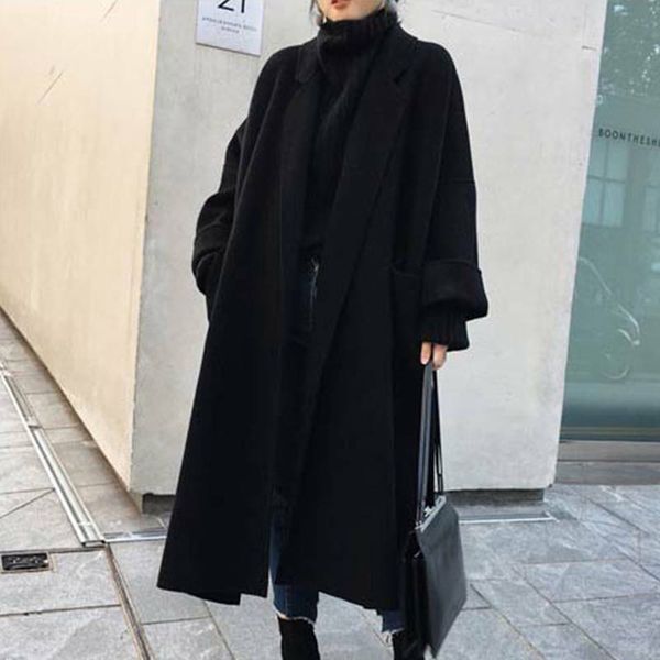 

sagace 19 womens korean overcoat woolen trench casual coats pure color ladies winter long jacket turn down collar plus size 1126, Black