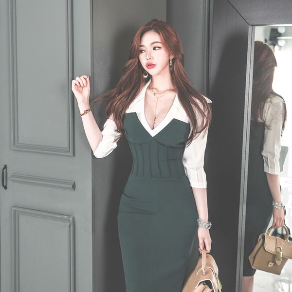 

bussiness dress for women summer half sleeve v neck polyester ladies office work one piece midi dresses, Black;gray