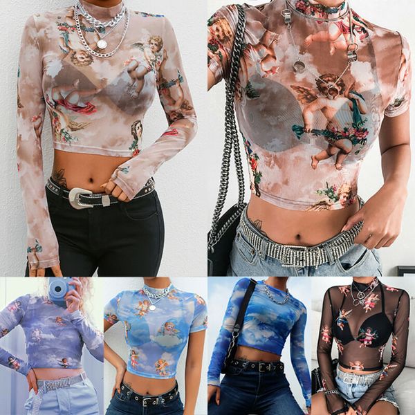

Womens Crew Neck Short/Long Sleeve Exposed Navel T-shirt Bodycon Floral Tops