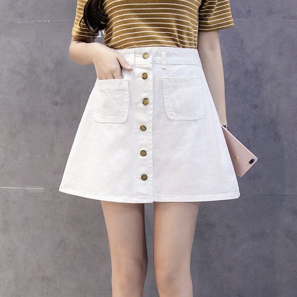 

women's shorts summer cotton-containing a-line denim skirt high waist button solid color bag hip white, White;black