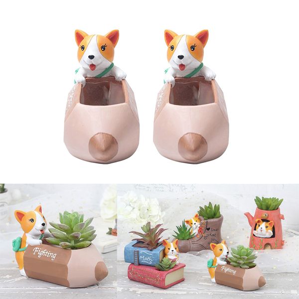 

2xcreative resin succulent pot garden planter corgi statue home decor pencil