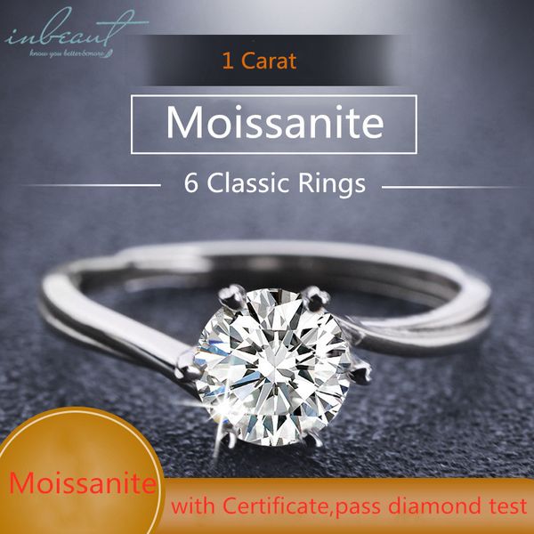 

inbeaut classic 925 silver vvs1-2 excellent cut round diamond color d 1 ct moissanite ring pass test certificate gemstone rings, Golden;silver