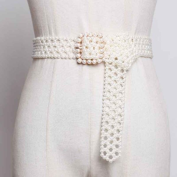 

yalee] new fashion 2019 summer man-made white pearl woven hollow out long wide belt square pin buckle girdle women a063, Black;brown