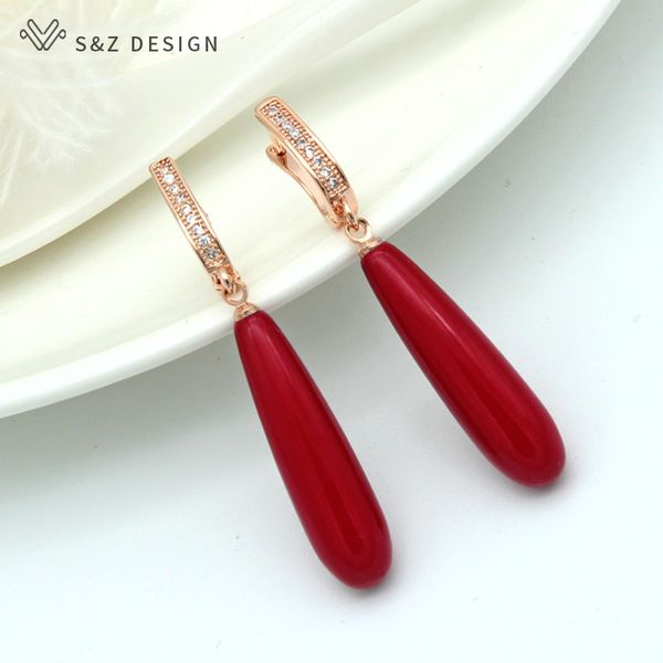 

s&z new 585 rose gold micro wax inlay natural zircon faux shell pearls multicolor water drop long earrings women fine jewelry, Golden