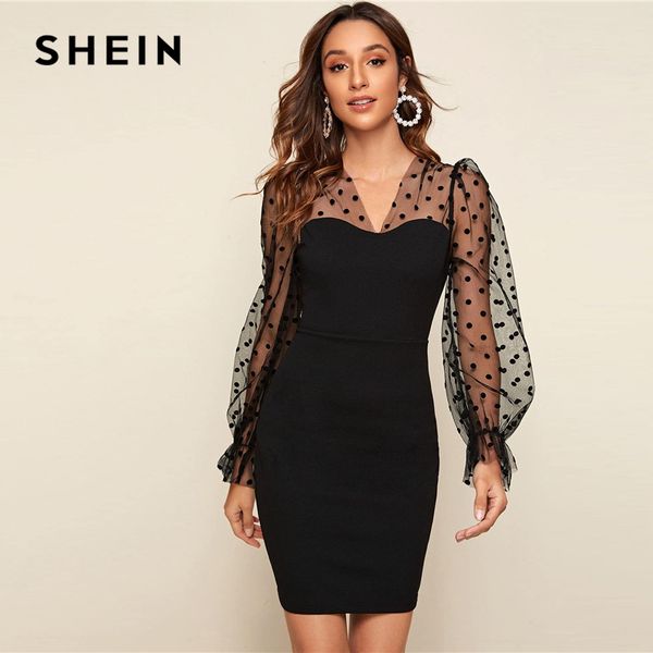 

шеин черный волан рукав флокированный добби сетка плеча платье женщины 2020 весна волан рукав элегантный карандаш короткие платья, Black;gray