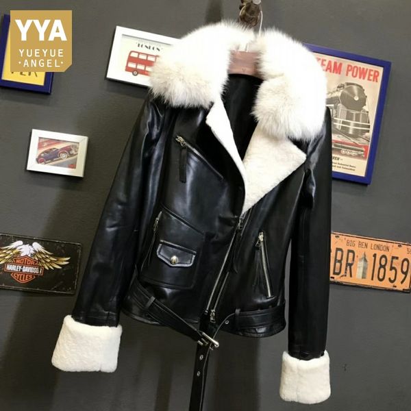 

new fashion women sheepskin genuine leather jacket biker outwear coats female punk short winter warm real fur collar jacket, Black