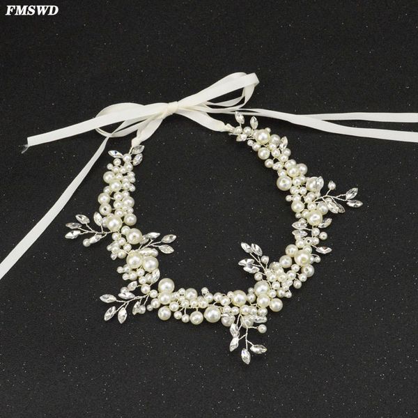

fmswd luxury fashion bride head chain crystal hair accessories handmade pearl hair band bride head jewelry ladies headwear, Golden;white