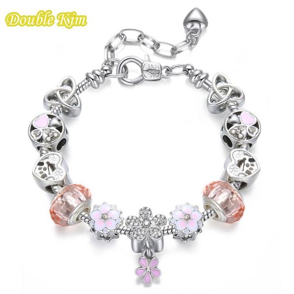 

charm bracelets alloy zircon silver plated peach blossom pendant pink beads lobster clasp for european woman men gifts wholesale, Black