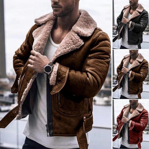

2019 fashion jacket men faux fur lapel collar long sleeve vintage leather jacket warm outwear motorcycle leather clothing, Black;brown