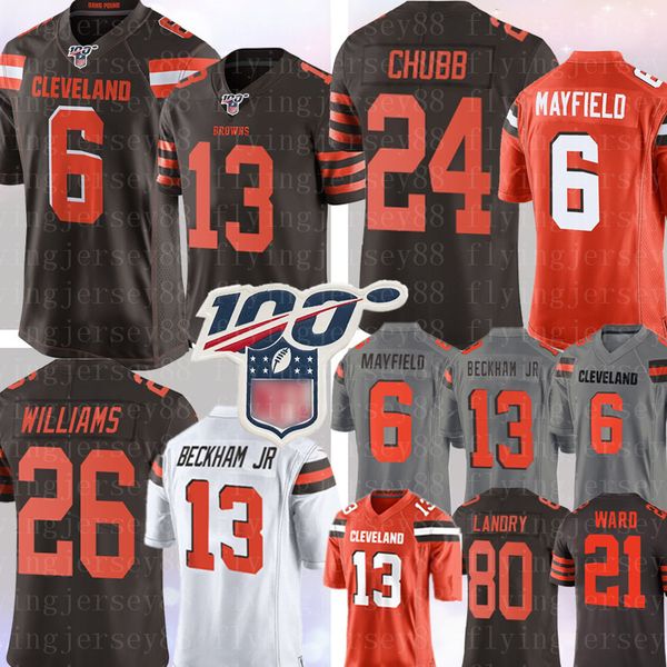 

6 baker mayfield 13 odell beckham jr cleveland jersey brown 24 nick chubb 26 greedy williams 95 myles garrett landry denzel ward jersey, Black;red