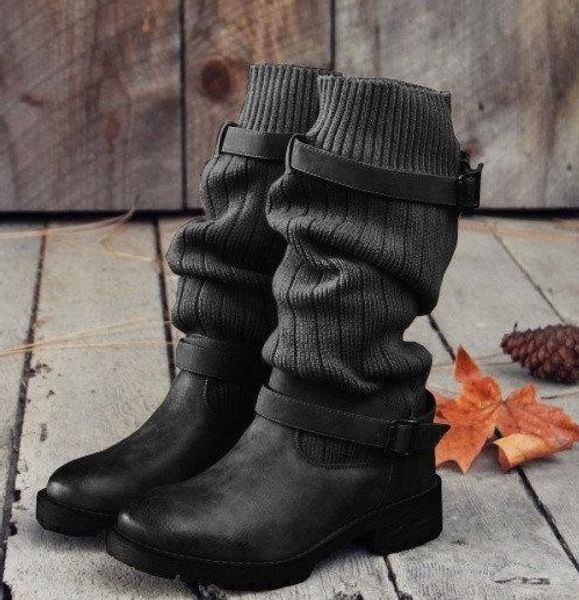 

fashion knitted elastic designer boots round toe antiskid shoes women chunky heels with buckle 3 colors solid short booties, Black