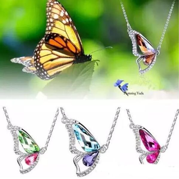 

crystal dancing butterfly pendant necklace imitation rhodium plated butterfly pendants for women fashion jewelry moq 12 pcs, Silver