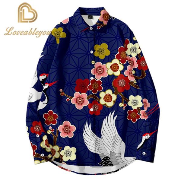 

2020 new fashion autumn couple thin shirt male loose beach flower printing shirt seaside casual travel long-sleeved, White;black