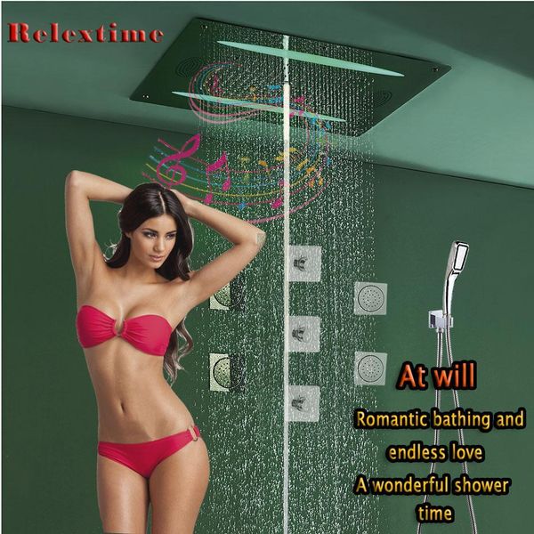 

ultra luxur large-flow thermostatic valve with music fm radio bluetooth led ceiling shower head rain bubble mist bathroom shower set faucet