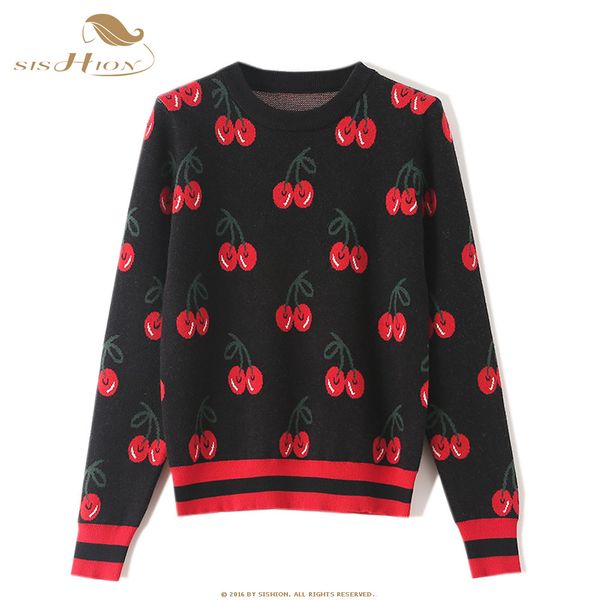 

sishion cherry pattern vintage sweater vd1255 long sleeve o neck black blue grey spring pullover knitted women sweaters, White;black