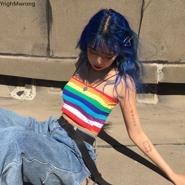 

off shoulder spaghetti strap rainbown striped bandage crop women streetwear fashion basic tee bustier bralette tube 90s, White