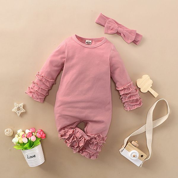 

baby girl romper 2020 infant girl boy 2pcs outfits ruffle long sleeve romper +headband jumpsuit sleepwear baby clothes 0-18m, Blue