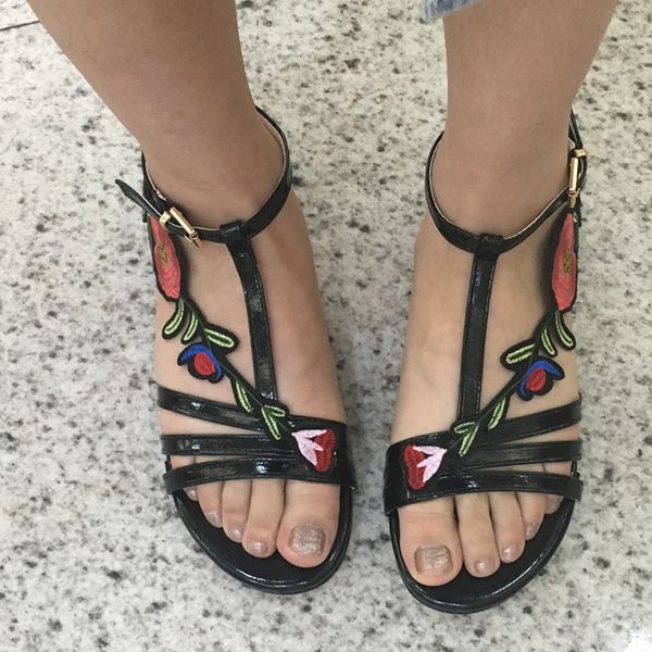 

embroidery rose style pu big size fashion flats women sandals, Black