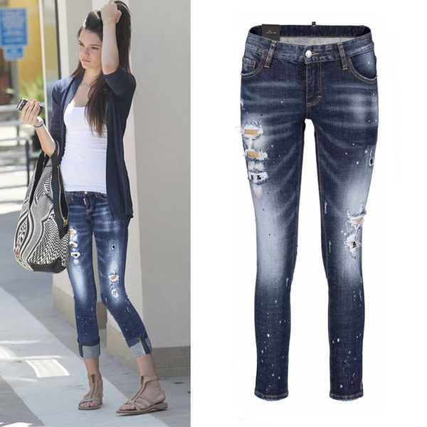 Jeans da donna cool girl in denim con lavaggio a pietra strappato, vestibilità skinny, dipinti in effetto invecchiato, marchio all'ingrosso, bellissimo designer alla moda, decorato