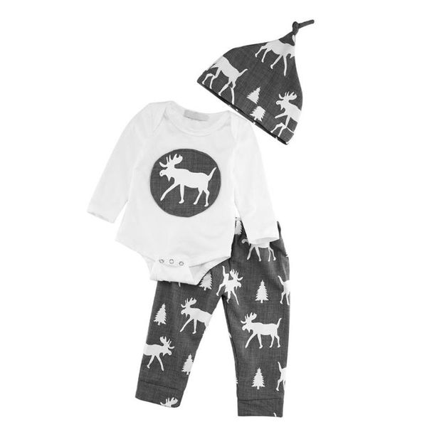 

3pcs/set fashionable design baby boys girls long sleeve round neck cotton shirts + long pants + hats christmas deer pattern, White