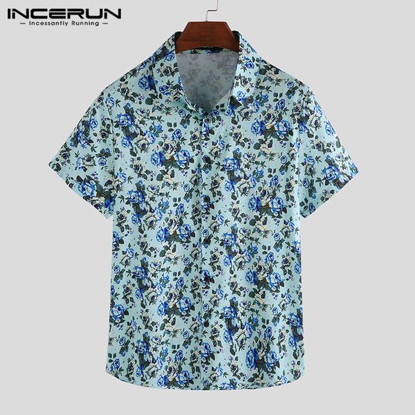 

men's casual shirts incerun short sleeve men shirt lapel button floral printed streetwear blouse breathable beach hawaiian camisa, White;black