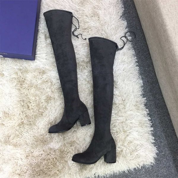 

2019 designer winter new luxury retro casual thigh-high boots les chaussures women's boots 35 to 42 yards 6.5cm heel dark grey, Black