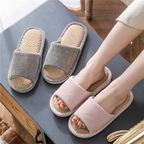 

tzldn women men summer slippers soft flax indoor home flip flops open toe sandals ladies flat casual slides beach shoes, Black