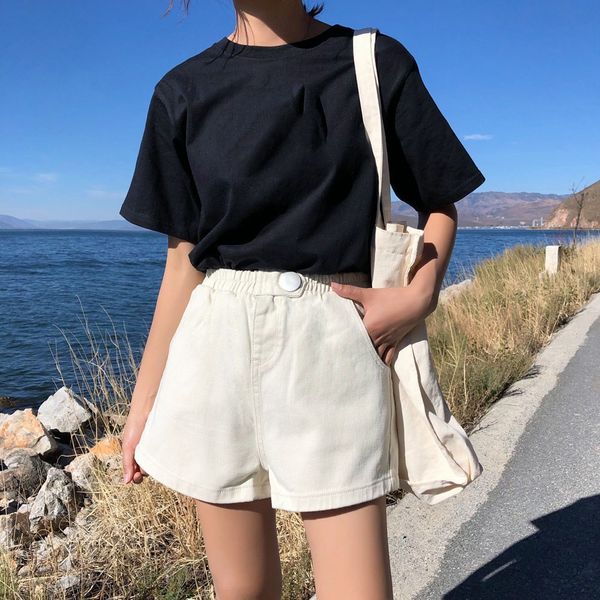 

fashion 2019 summer women denim shorts high elastic waist wide leg shorts streetwear jeans short femme, White;black