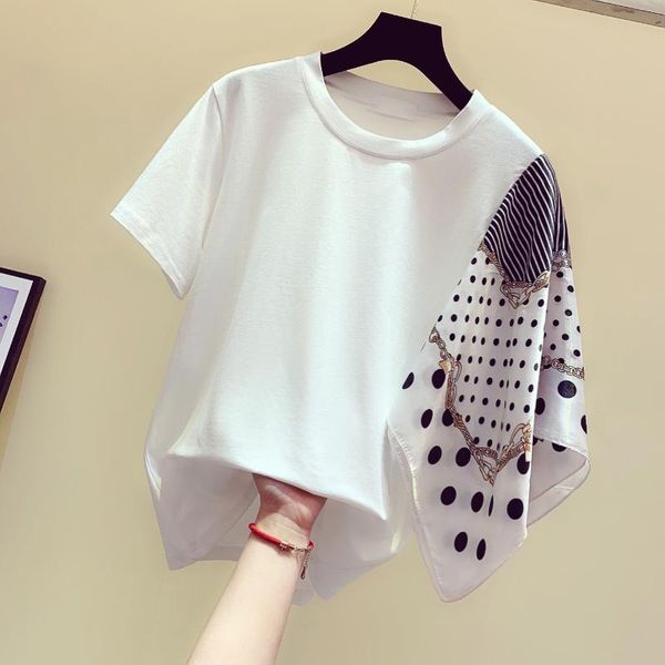 

fashion wave point scarf splice round collar short-sleeved t-shirt female 2020 summer tshirt tee shirts pullovers ropa mujer, White