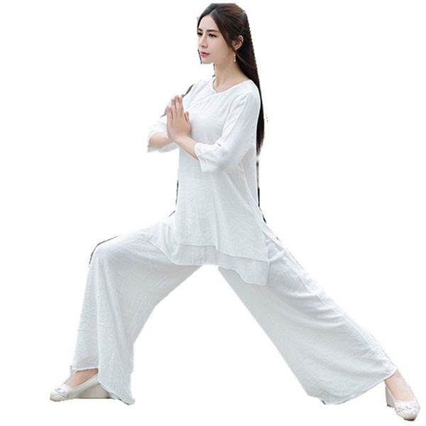 

women cotton yoga set spring&autumn martial arts shirts pants lay meditation uniforms tai shi tang suits white, White;red