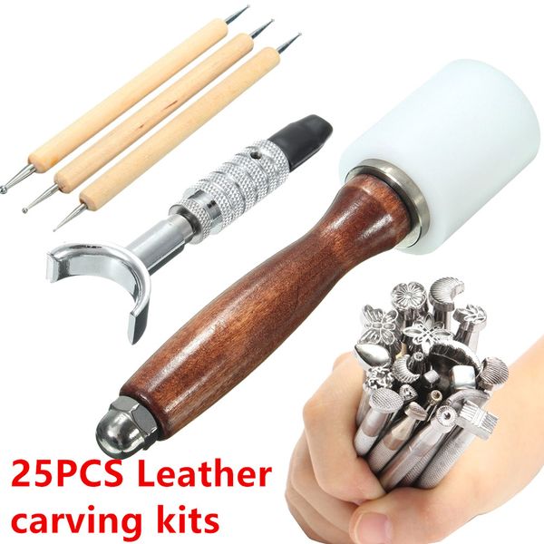 

25pcs/set manual leather craft stamping carved wooden hammer embossing tools kit mu
