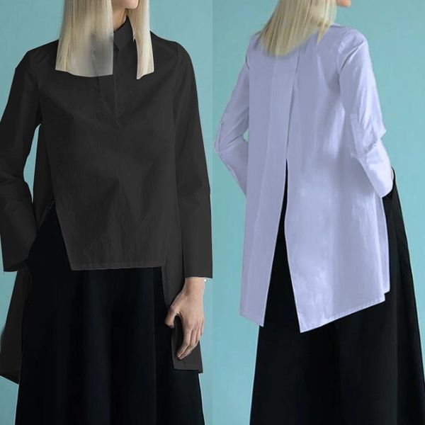 

women's asymmetrical zanzea 2020 fashion summer blouse casual lapel blusas female split long sleeve shirts plus size 7, White