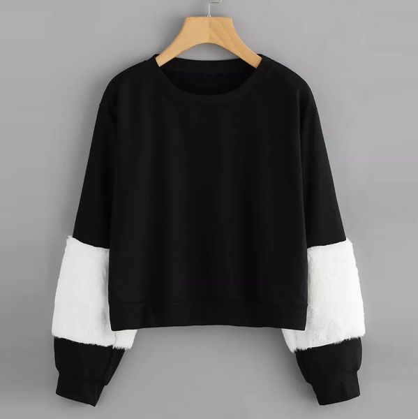 

women fluffy sweatshirt pullovers autumn winter velvet warm casual patchwork sweatshirt long sleeve pullovers blouse moletom, Black