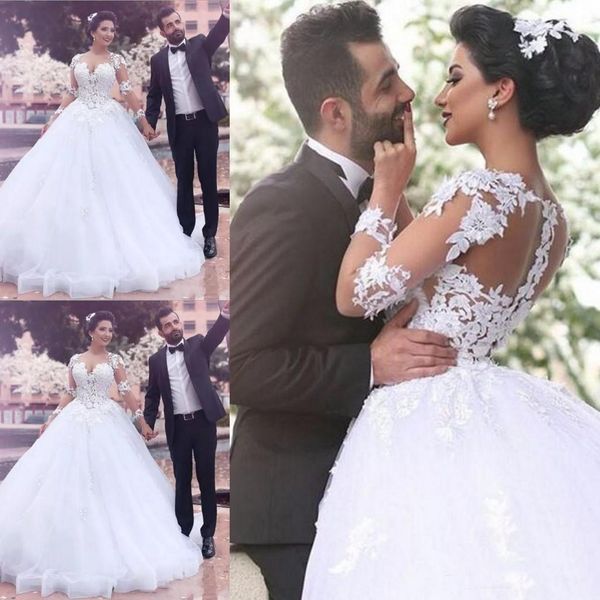 

saudi arabic middle east ball gown wedding dresses sheer jewel long sleeves lace appliques button back long vestidos bridal gowns, White