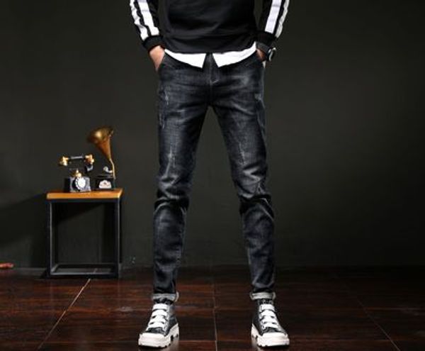

jeans men's 2020 new trend slim little feet casual men's elastic fashion brand black pants, Blue