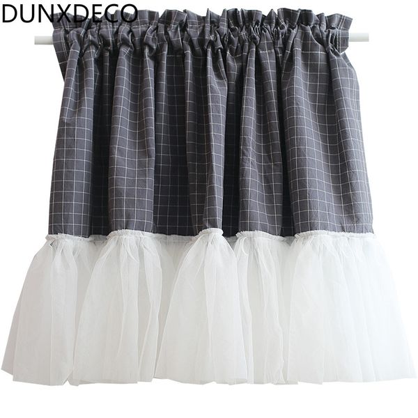 

dunxdeco short curtain for kitchen door half cortinas nordic simple gray check white lace dress bottom rideau deco 124x60cm