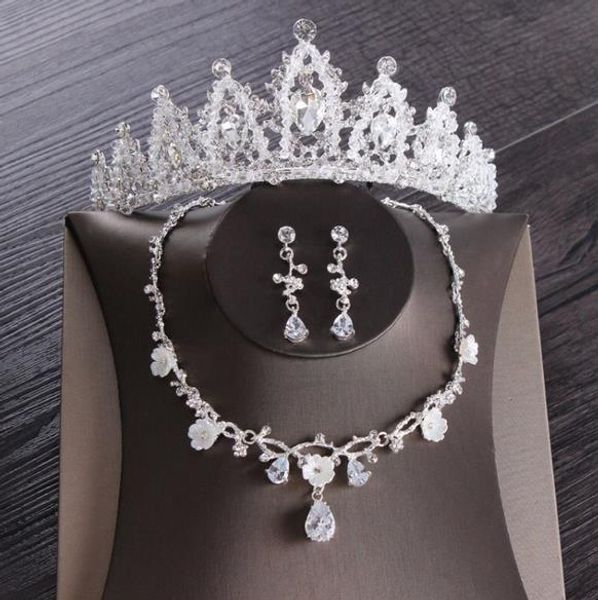 

wedding party dress accessories bridal headpieces crown necklace earring combo set water drop design rhinestone crystal fashion jewelry gift, Silver
