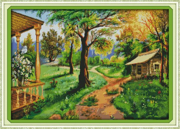 Cenário rural casa na árvore decoração da casa pintura, Handmade Cross Stitch Bordado conjuntos de costura contados impressão sobre tela DMC 14CT / 11CT