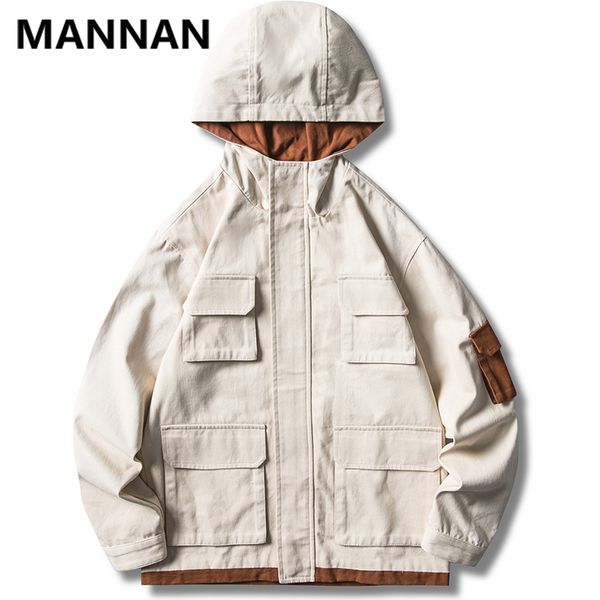 

mannan 2019 осень хип-хоп мужчины ветровка куртка с капюшоном ретро harajuku уличная куртка мульти карманы случайные трек, Black;brown