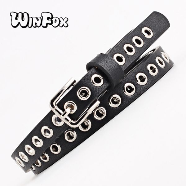 

winfox 1.4cm wide black white grommet narrow pu leather women belt eyelet square alloy pin buckle female waistband jeans belts, Black;brown