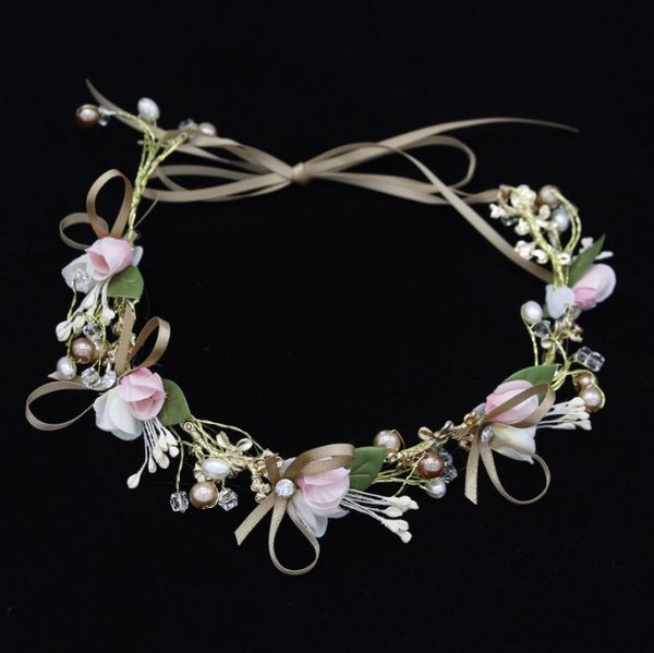 

pink white flower pearl ribbon headband hair band women girl headpiece bride tiaras wedding bridal hair jewelry, Golden;white