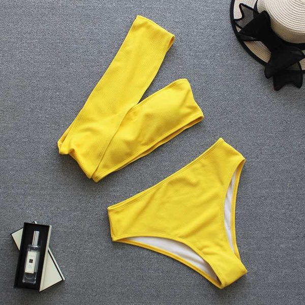 

2020 yellow high waist bikini women ribbed swimsuit one shoulder swimwear female bikini set brazilian bathing suit swim
