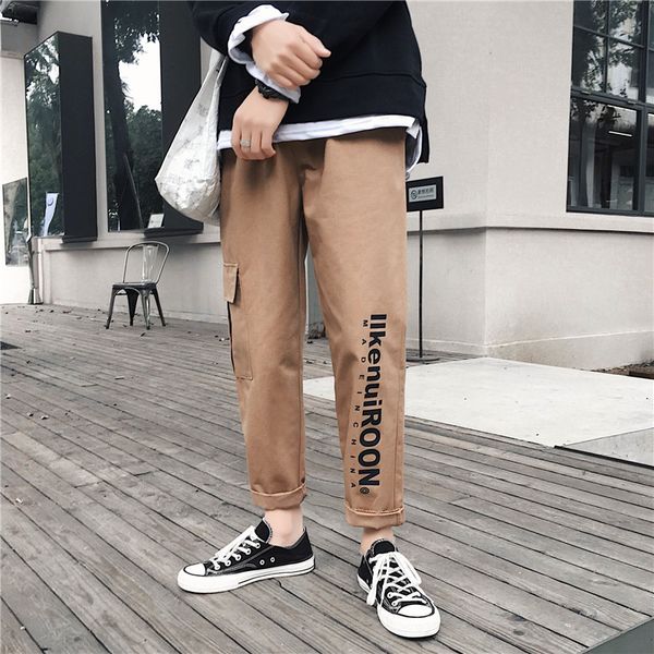 

men cargo pants 2020 new spring and autumn trend pockets letter hip hop male ankle-length pants korean style n53, Black