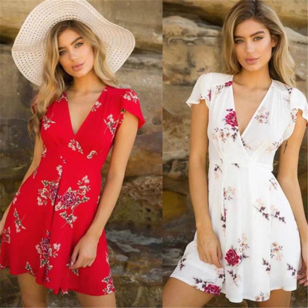 

women's leisure deep v-neck floral printed casual sweet short-sleeve dress high waist, Black;gray