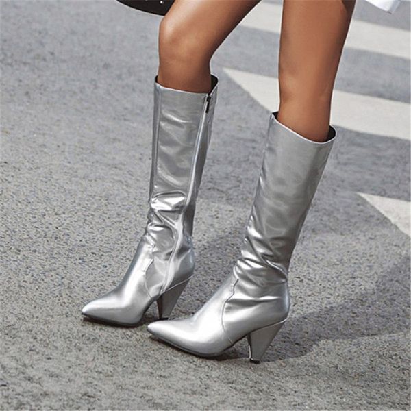 

pxelena black white silver knee high boots women spring autumn 2020 fashion spike heels zip party dress nightclub shoes plus sz