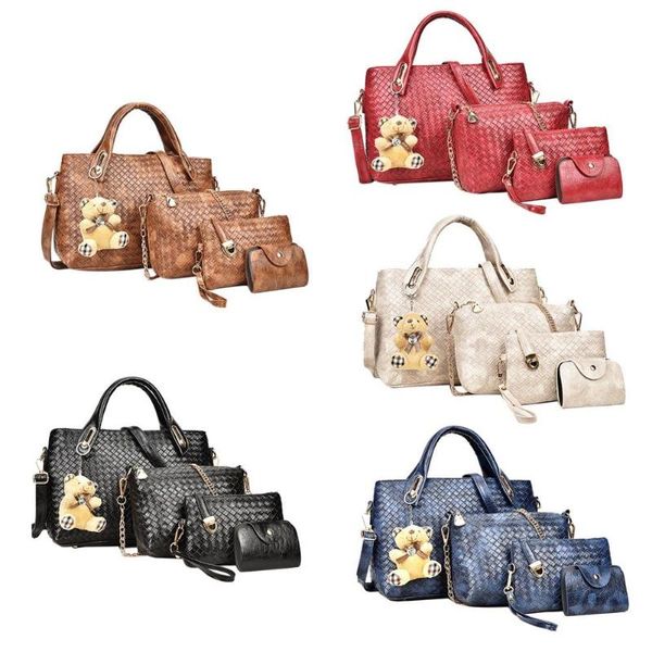 

fashion women 4pcs bag set weaven pu soft handbag should bag tote clutch