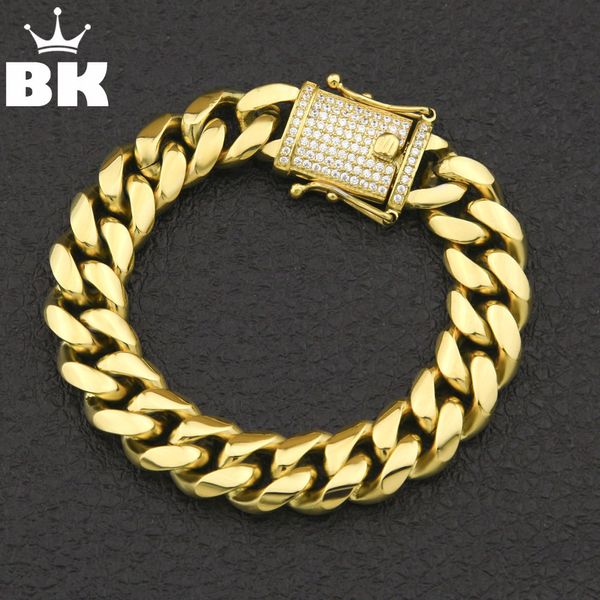

12mm/14mm cz stainless steel curb cuban link bracelet gold silver plated hiphop micro paved cz mens miami bangle 7inch/8inch j190721, Golden;silver