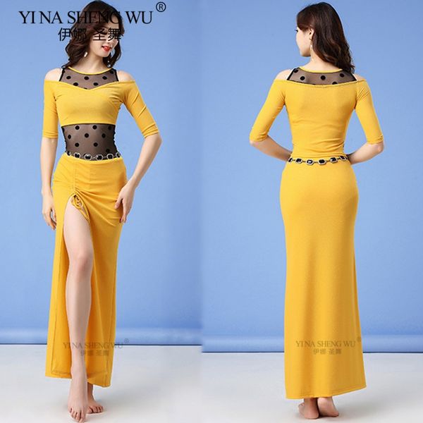 

belly dance costume practice clothes set new fashion women long skirts split girls professional costume 3 colour, Black;red