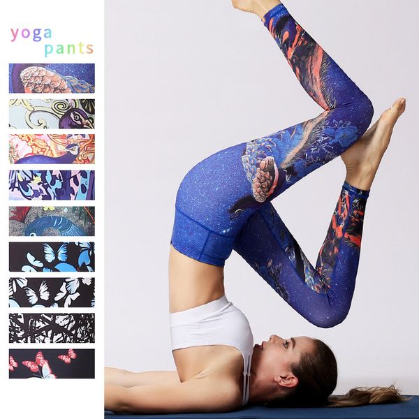 

new style peacock butterfly printed yoga pants high-waisted tight dance fitness pants women's yoga, White;red