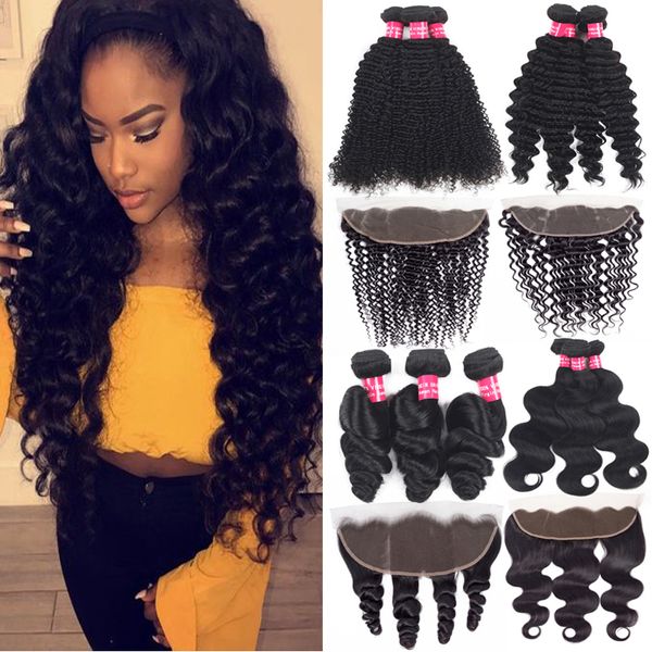 

brazilian virgin hair bundles with frontal 13x4 ear to ear lace frontal closure deep water wave kinky curly human hair bundles with closure, Black